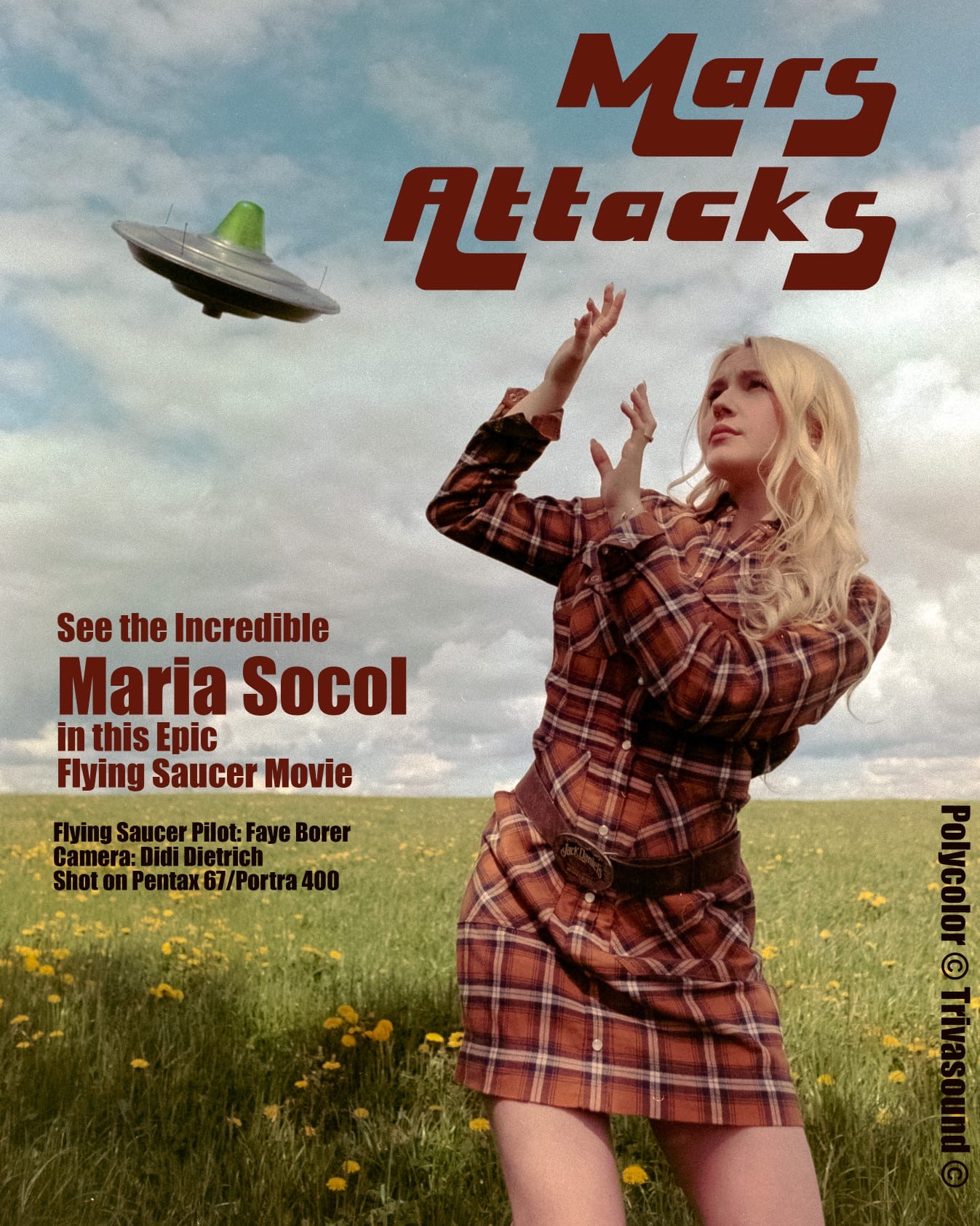 B-movie poster: Maria in a plaid suit recoiling from a flying saucer